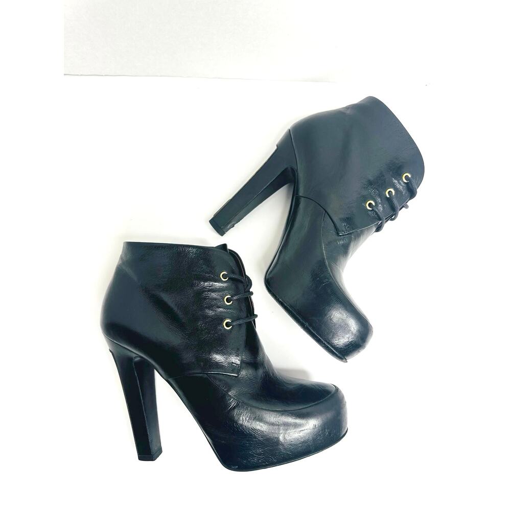 Chanel Black Leather Lace Up Platform Ankle Boots Steampunk EU 37